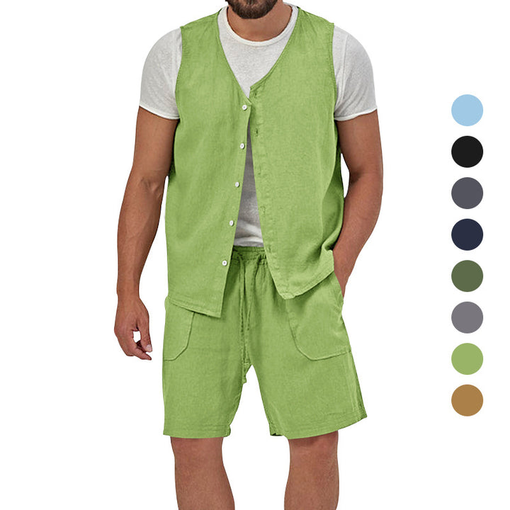 Herren nan zweiteiliges Freizeit-Set mit ärmelloser Knopfweste und weiten Kordelzug-Shorts mit aufgesetzten Taschen Drune