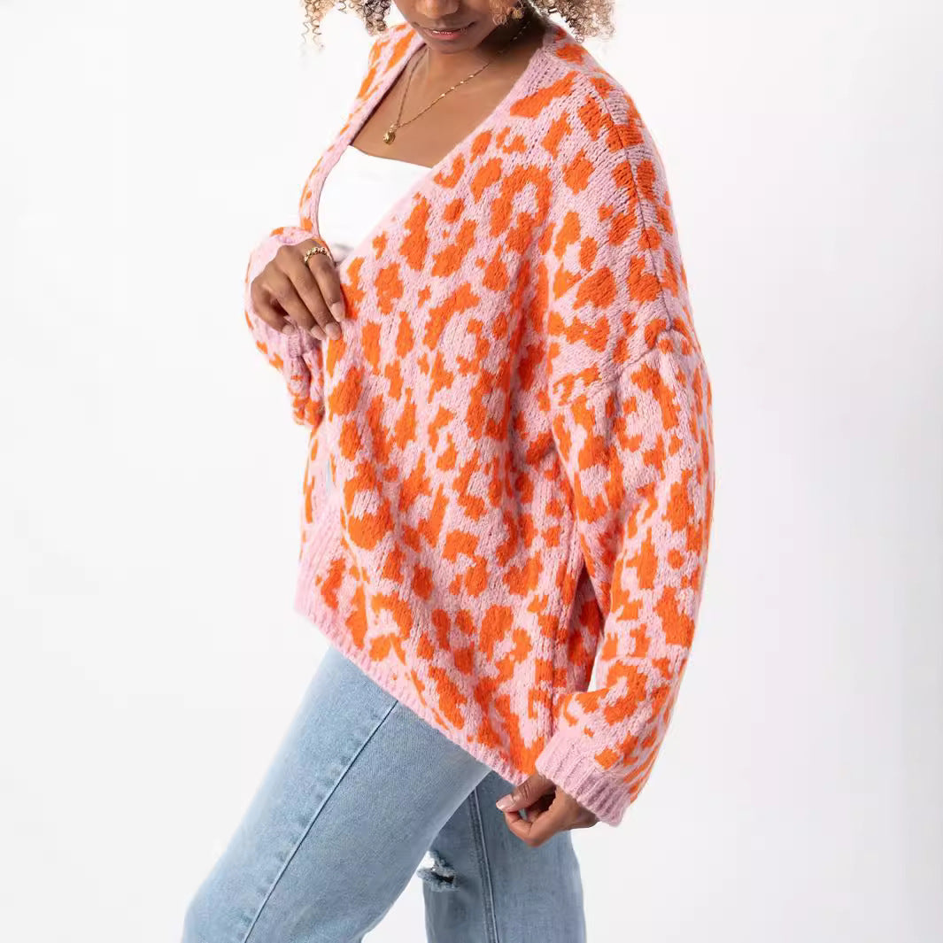 Damen Oversized Strickjacke mit trendy Leopardenmuster und voluminösen Ärmeln Drune