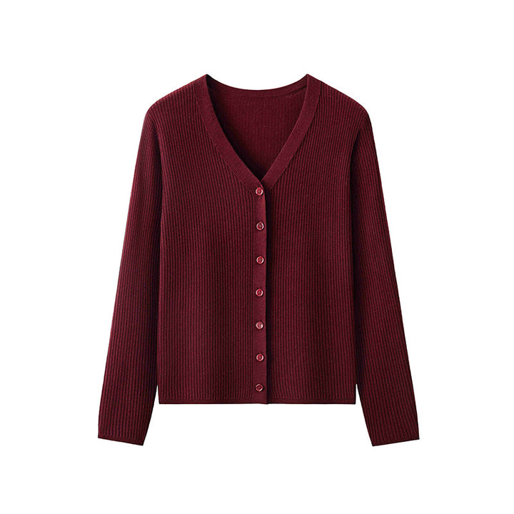 Damen Klassischer Feiner Rippen-Cardigan mit tiefem V-Ausschnitt und schmaler Silhouette Drune