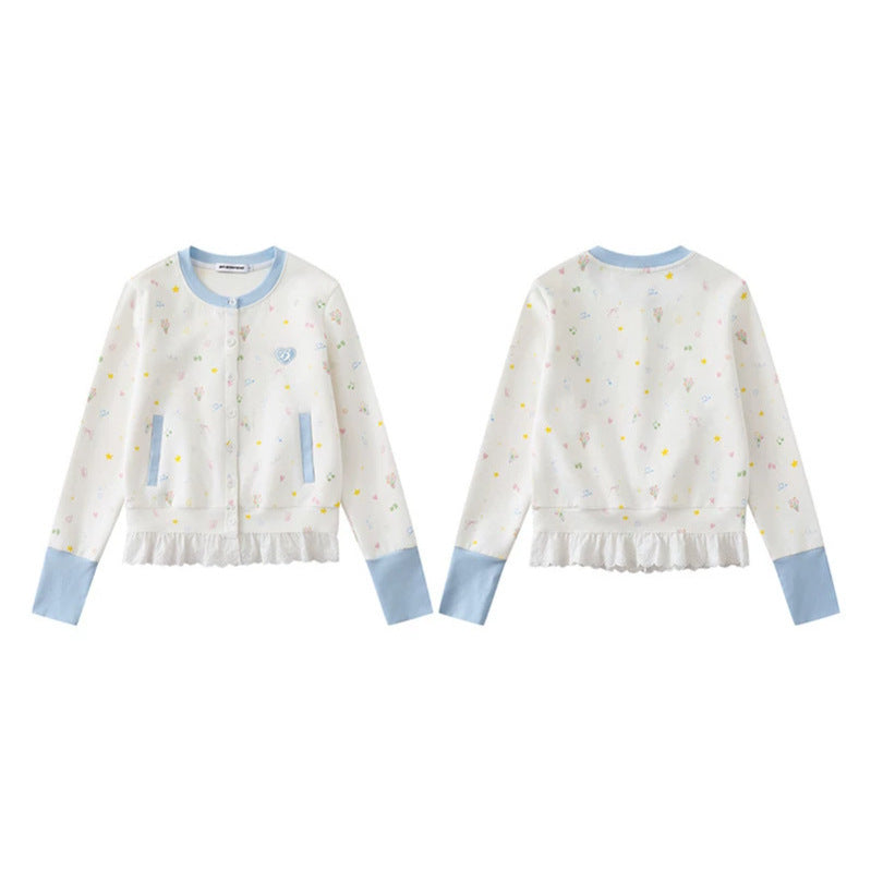 Damen Knopfleisten-Cardigan mit Spitzenvolant, pastelligem Allover-Print und Kontrastbündchen Drune