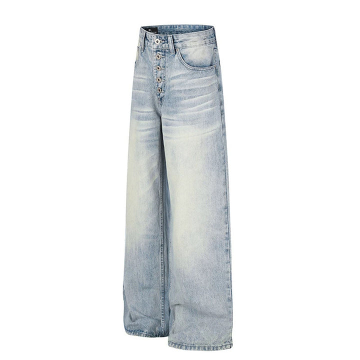 Damen High‑Waist weite Denim‑Palazzo‑Jeans mit Knopfleiste und Used‑Waschung Drune