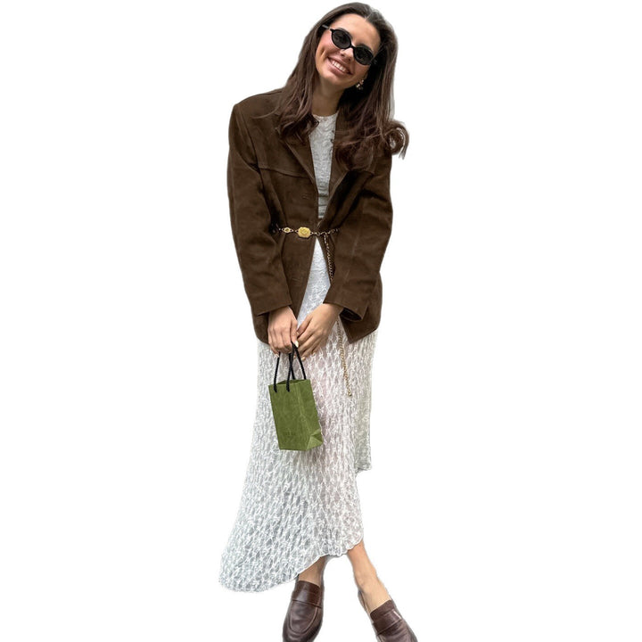 Damen Oversized Veloursleder-Blazer mit Revers und Pattentaschen Drune