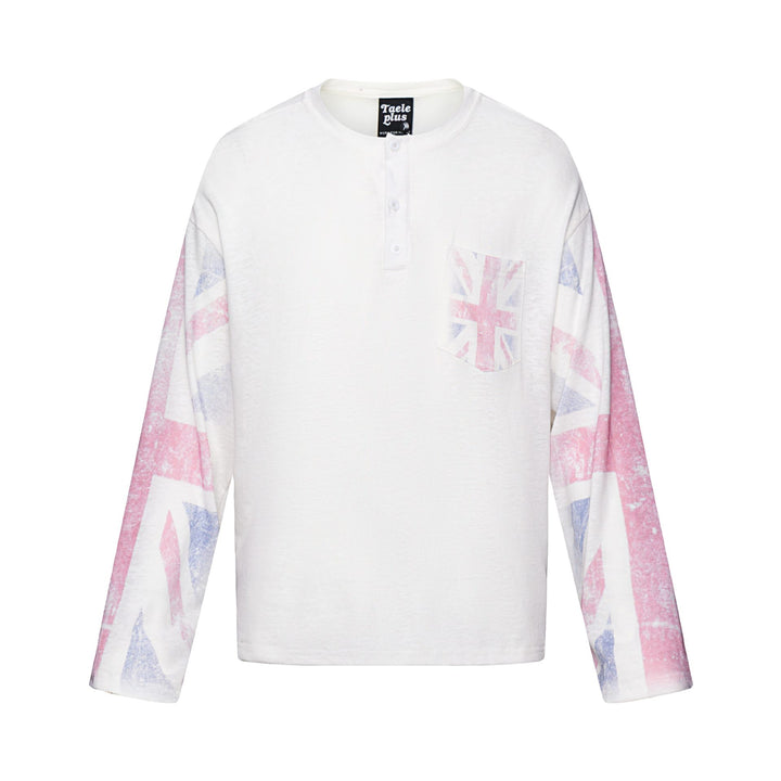 Unisex Langärmeliges Henleyshirt mit Brusttasche und Vintage-Flag-Print Drune