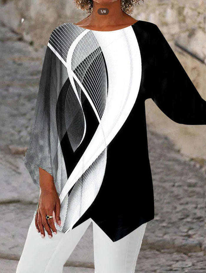 Damen asymmetrisches Langarmshirt mit Grafikdruck und Fledermausärmeln Drune