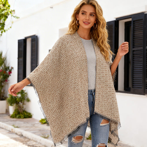 Damen Gewebter Jacquard‑Wickelponcho mit geometrischem Allovermuster und feinem Fransensaum Drune