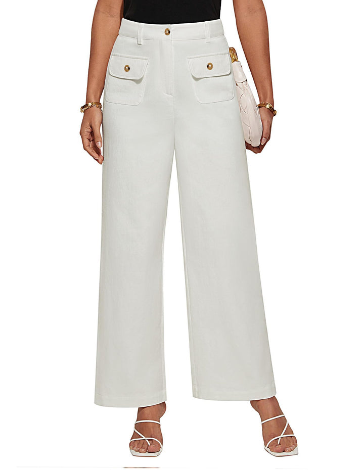 Hochtaillierte Damen-Trousers mit weitem Bein und Knopfklappen-Pattentaschen Drune
