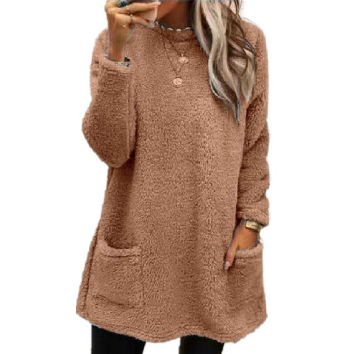 Damen nan kuscheliger langer Teddy-Pullover Oversize mit Rundhalsausschnitt und Eingrifftaschen Drune