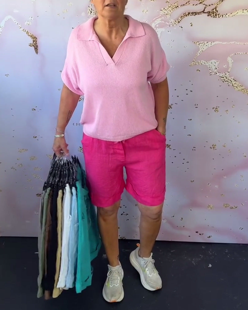Damen nan Leinenbermuda mit Umschlagsaum, Knopf- und Reißverschluss sowie seitlichen Eingrifftaschen Drune