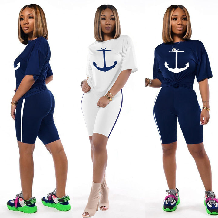 Damen Sportliches Kurzarm-Kleid mit maritimem Ankerdesign Drune