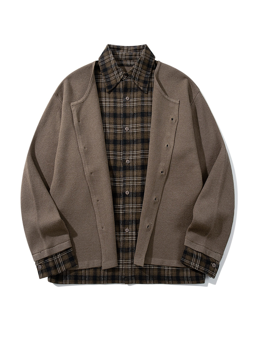 Herren Karierter Flanellhemd-Layer mit offenem Strickcardigan Drune