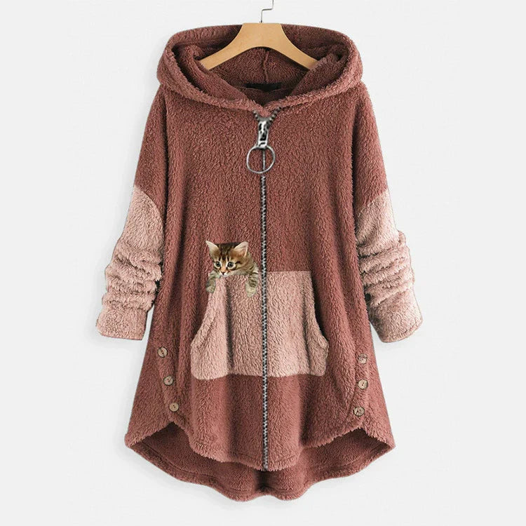 Drune | Lange Jacke Übergroß Schnitt Weicher Fleece Look Kängurutasche High Low Saum