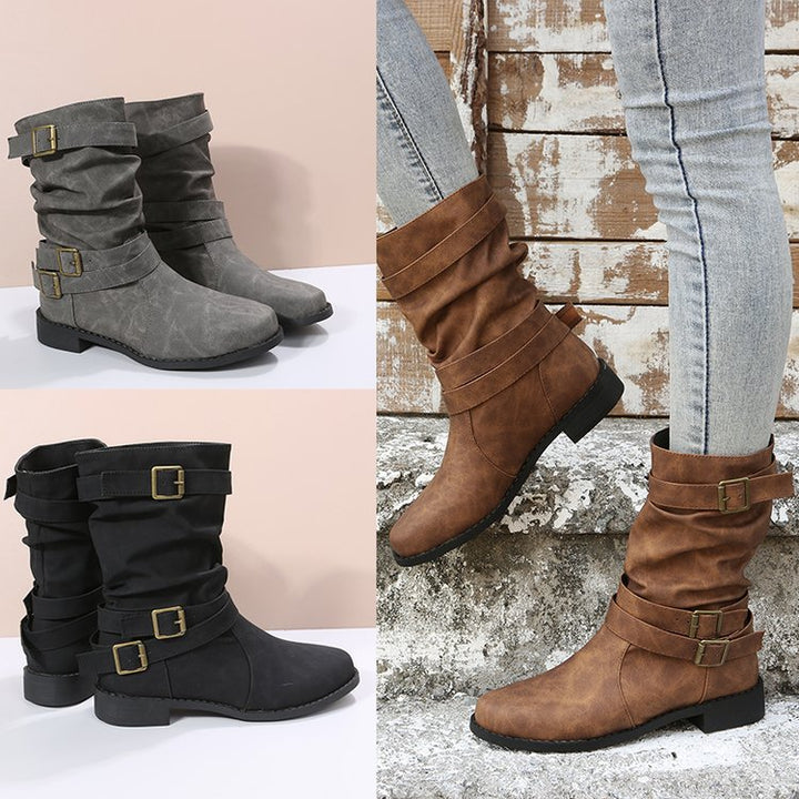 Damen nan lässige knöchelhohe Stiefelette mit gerafftem Schaft, dekorativen Schnallenriemen und flexibler Profilsohle Drune