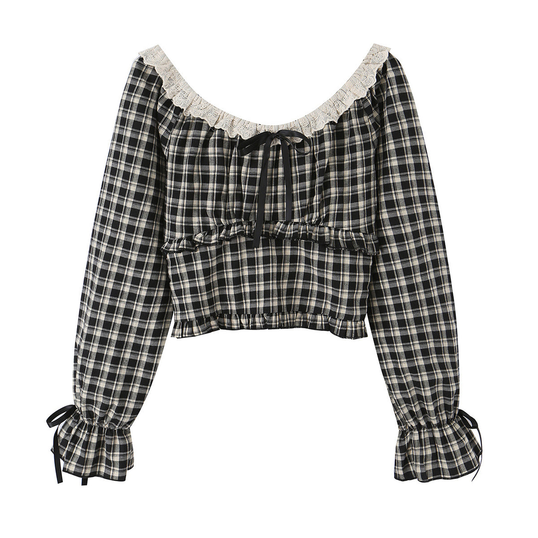 Damen Karierte Carmen-Bluse mit Rüschenkragen, Bindebändern und geraffter Cropped-Silhouette Drune