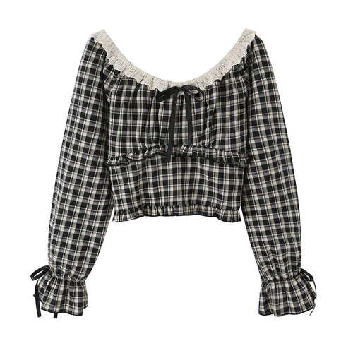 Damen Karierte Carmen-Bluse mit Rüschenkragen, Bindebändern und geraffter Cropped-Silhouette Drune