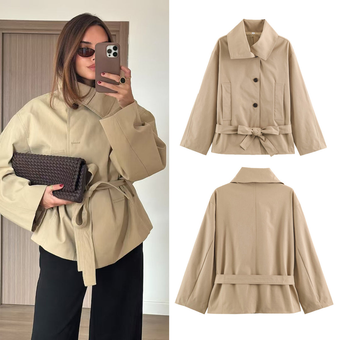 Damen Kurze taillierte Trenchjacke mit Bindegürtel und weitem Reverskragen Drune