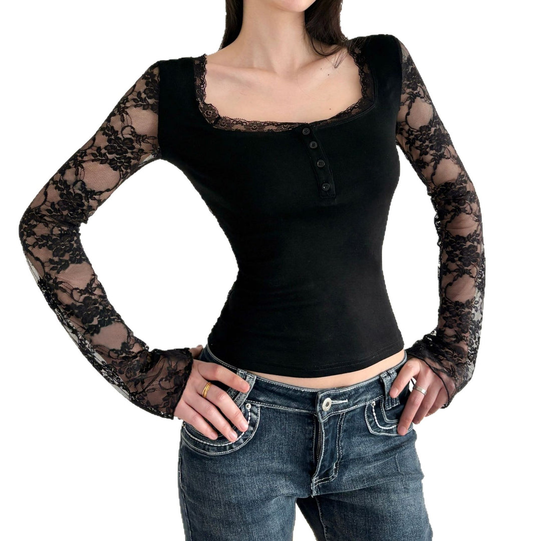 Damen Elegantes Langarmshirt mit Spitze und Knopfdetails Drune
