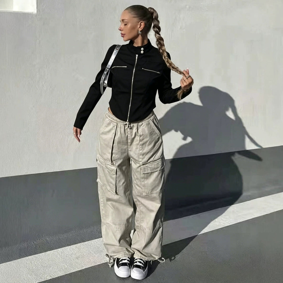 Damen Taillierte Bonded-Canvas-Bikerjacke mit Stehkragen und Brust-Reißverschlüssen Drune