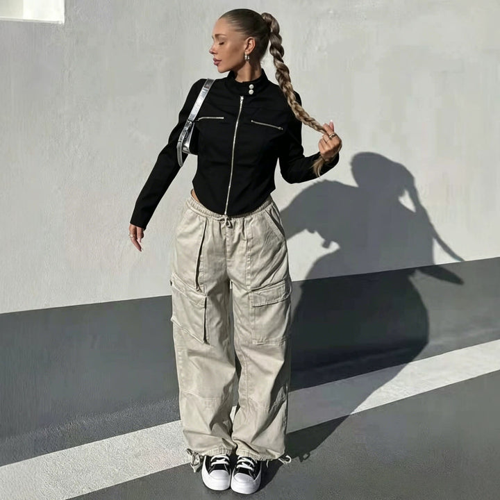 Damen Taillierte Bonded-Canvas-Bikerjacke mit Stehkragen und Brust-Reißverschlüssen Drune