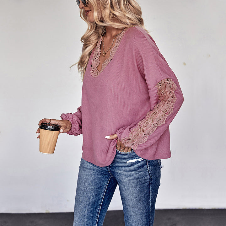 Damen Spitzenbesetzte V‑Ausschnitt-Bluse mit Ballonärmeln und Einsätzen Drune