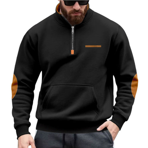 Herren nan Halbzip-Sweatpullover mit Stehkragen, Kängurutasche und Ellenbogenbesatz Drune