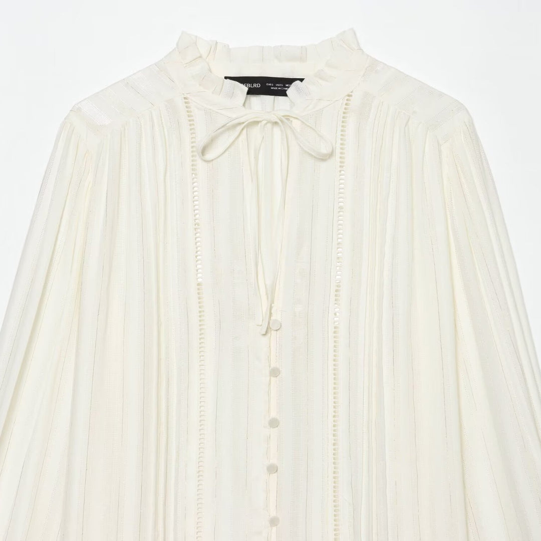 Damen Plissierte Chiffonbluse mit Rüschenkragen und Bindeband Drune