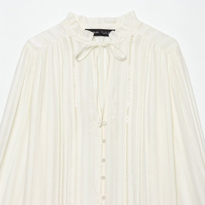 Damen Plissierte Chiffonbluse mit Rüschenkragen und Bindeband Drune
