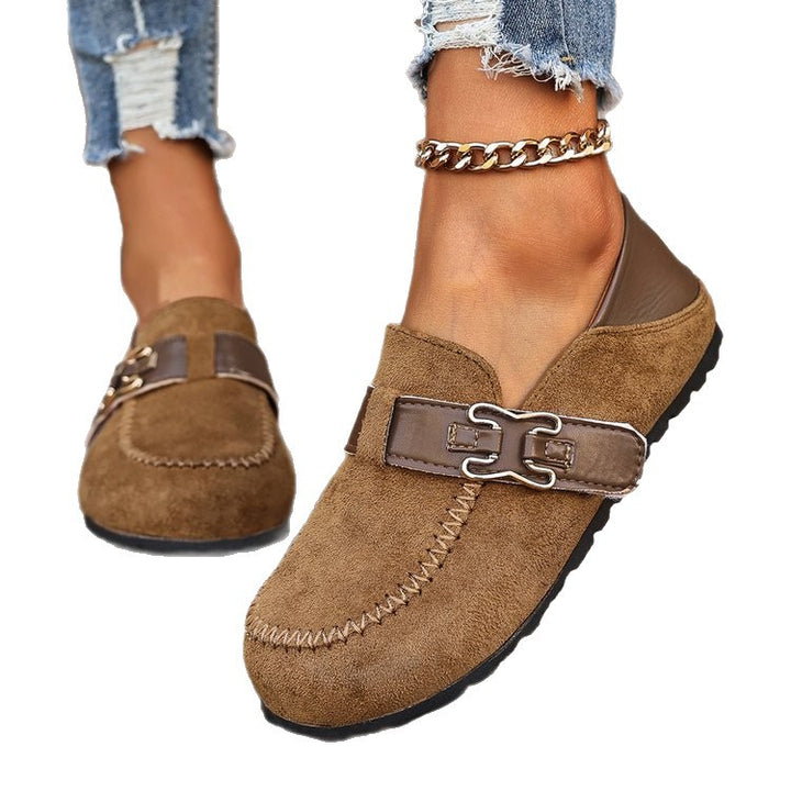 Damen Mokassin-Slipper aus Veloursleder mit dekorativer Metall-Schnalle Drune