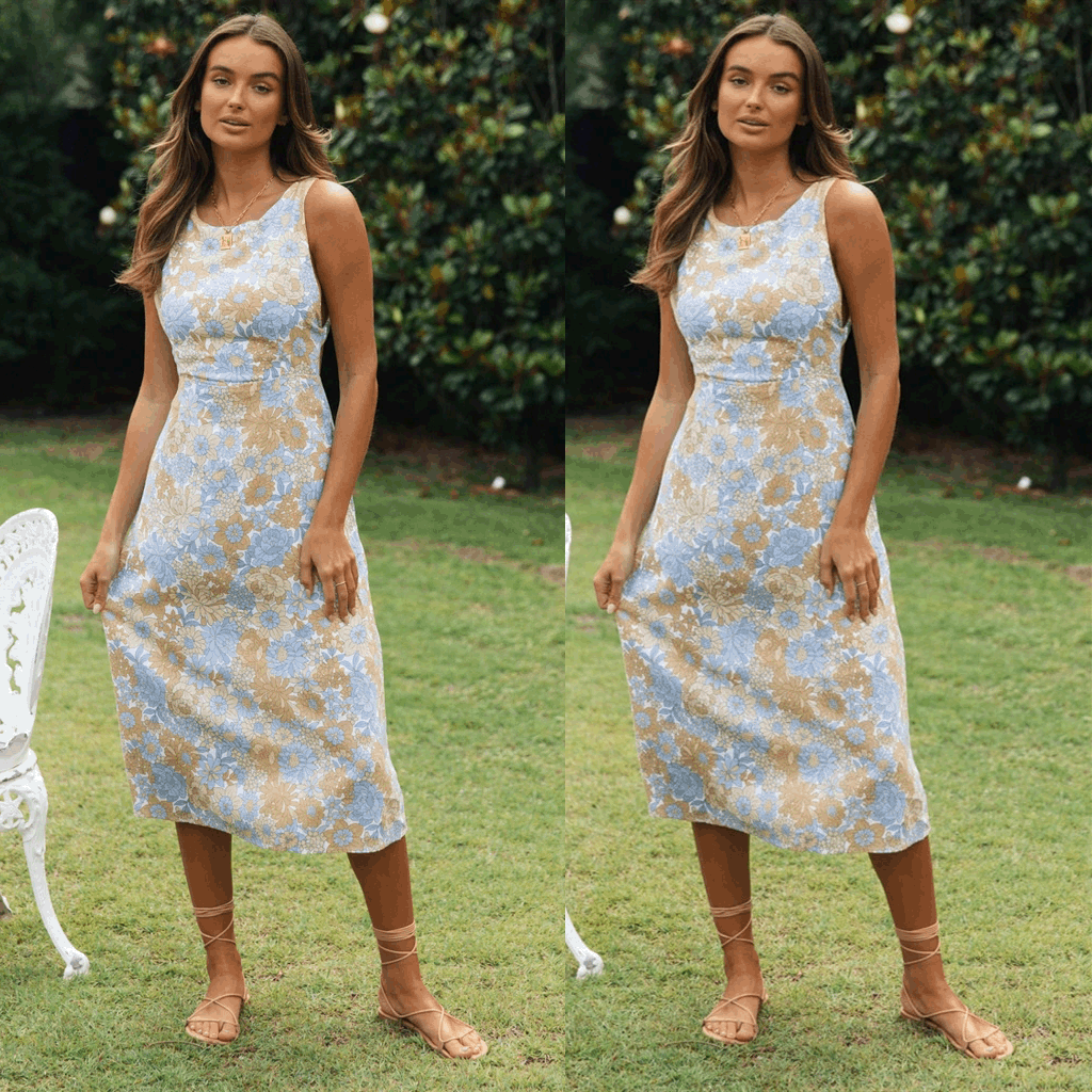 Damen Midi-Kleid mit floralem Design und schmalem Taillenbund Drune