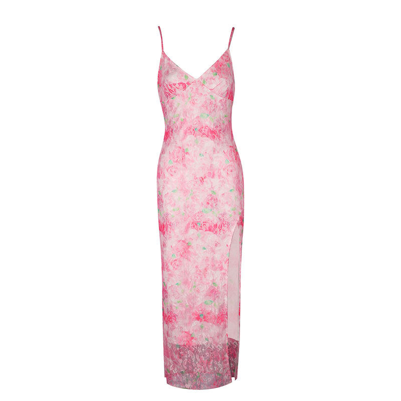 Damen elegantes Maxikleid mit floralem Muster und seitlichem Schlitz Drune