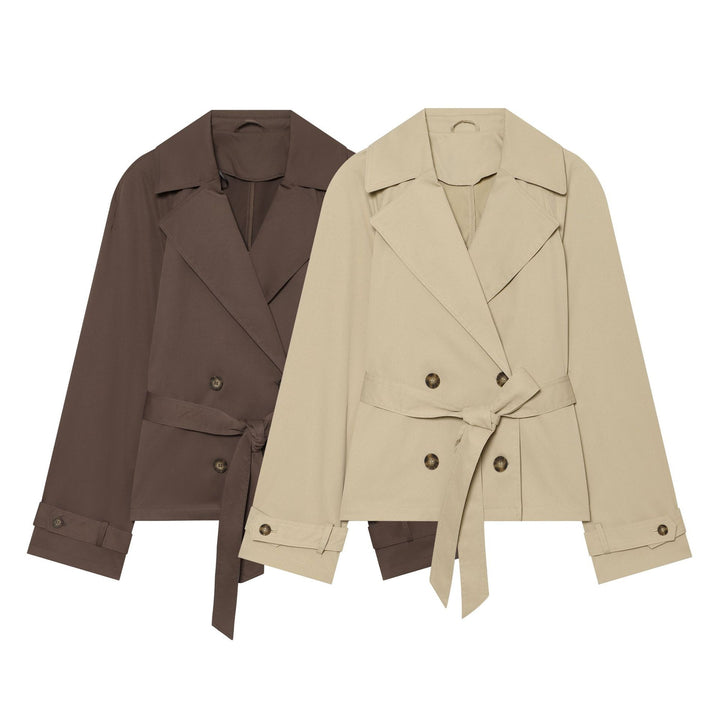 Damen kurzer taillierter Trench‑Blouson mit Bindegürtel, doppelreihiger Knopfleiste und weitem Revers Drune