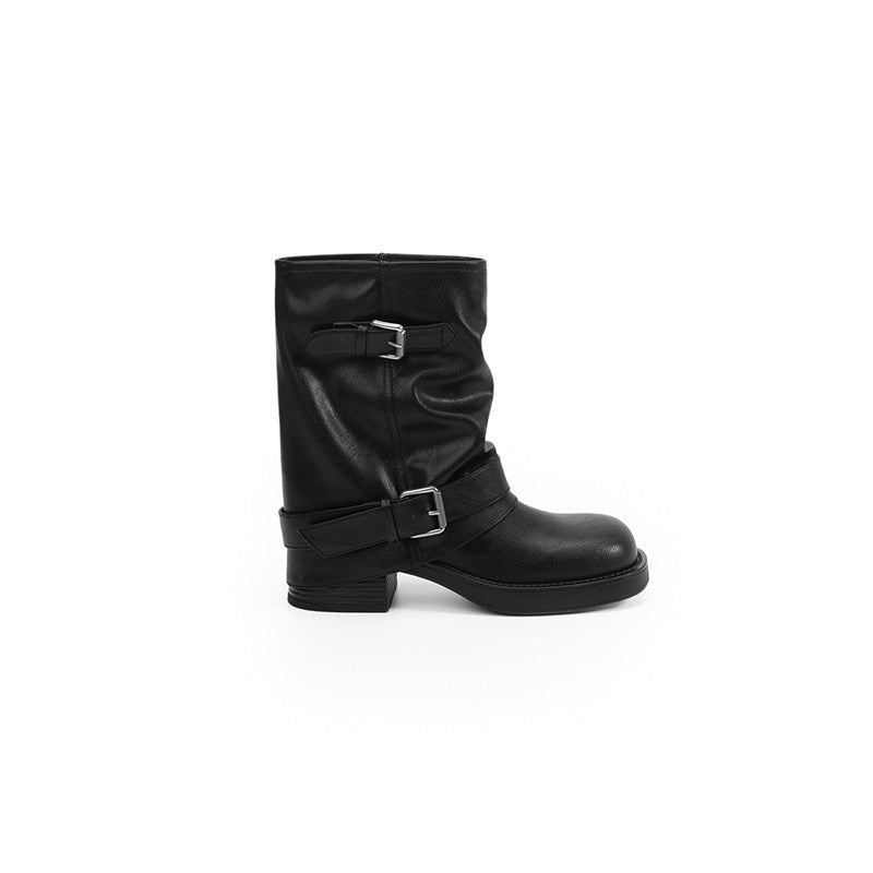 Damen Wadenhohe Bikerstiefel aus Glattleder mit Doppelschnallen und gerafftem Schaft Drune
