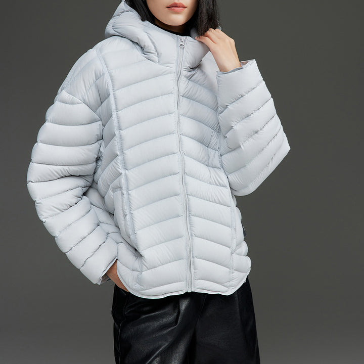 Damen Ultraleichte gesteppte Daunenjacke mit Kapuze und winddichter Außenhülle Drune
