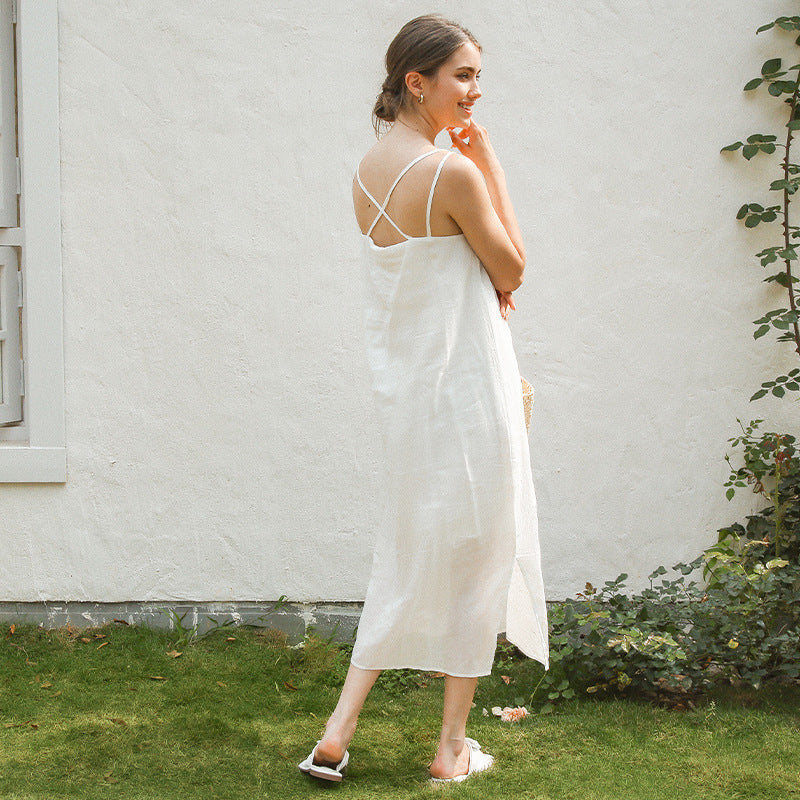 Damen elegantes Leinenkleid mit verstellbaren Spaghetti-Trägern und fließendem Schnitt Drune