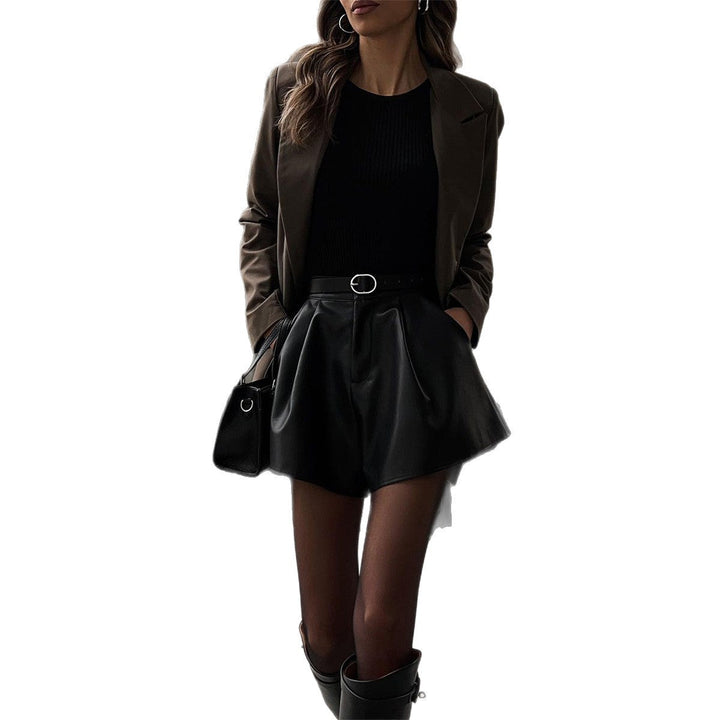 Damen Modische Kunstleder Shorts im Rockstil mit hohem Bund Drune