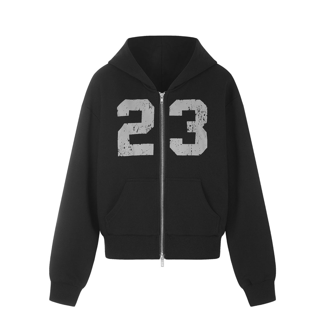 Damen Zip‑Hoodie im Boxy‑Schnitt mit Kängurutasche und Nummernprint Drune