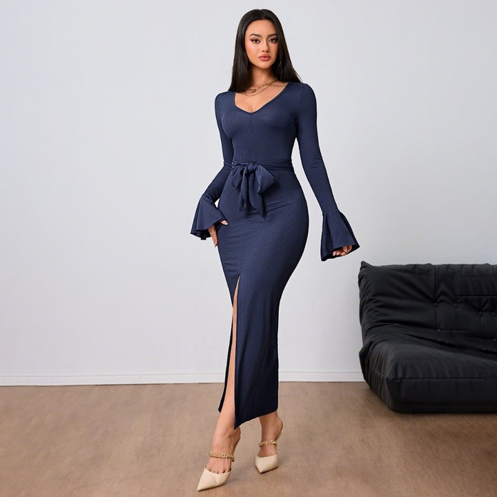 Damen figurbetontes Maxikleid mit V-Ausschnitt Trompetenärmeln Taillenband und hohem Seitenschlitz Drune