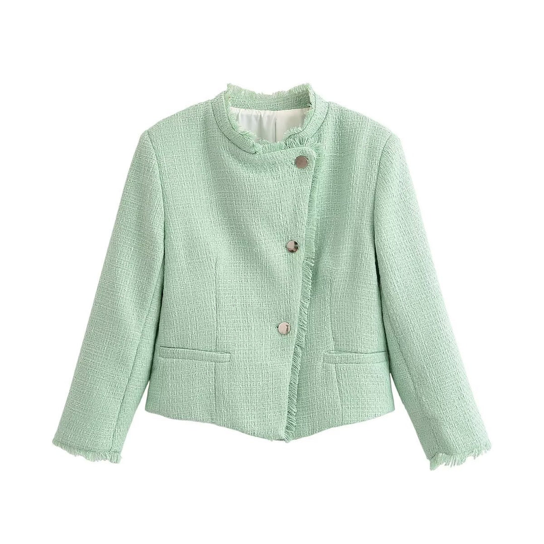 Damen Kurz geschnittene Bouclé-Tweedjacke mit Fransenbesatz und Rundhalsausschnitt Drune