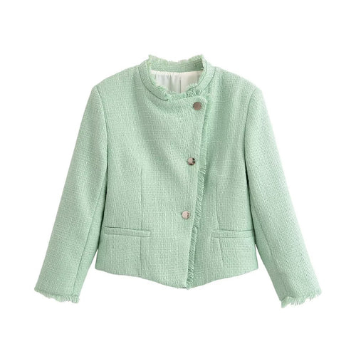 Damen Kurz geschnittene Bouclé-Tweedjacke mit Fransenbesatz und Rundhalsausschnitt Drune