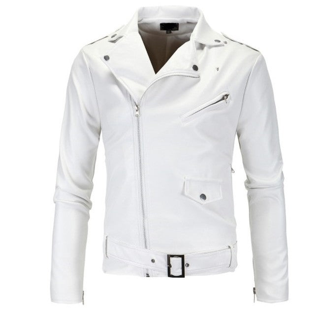 Herren Biker-Lederjacke im Slim-Fit mit asymmetrischem Reißverschluss und Taillengürtel Drune