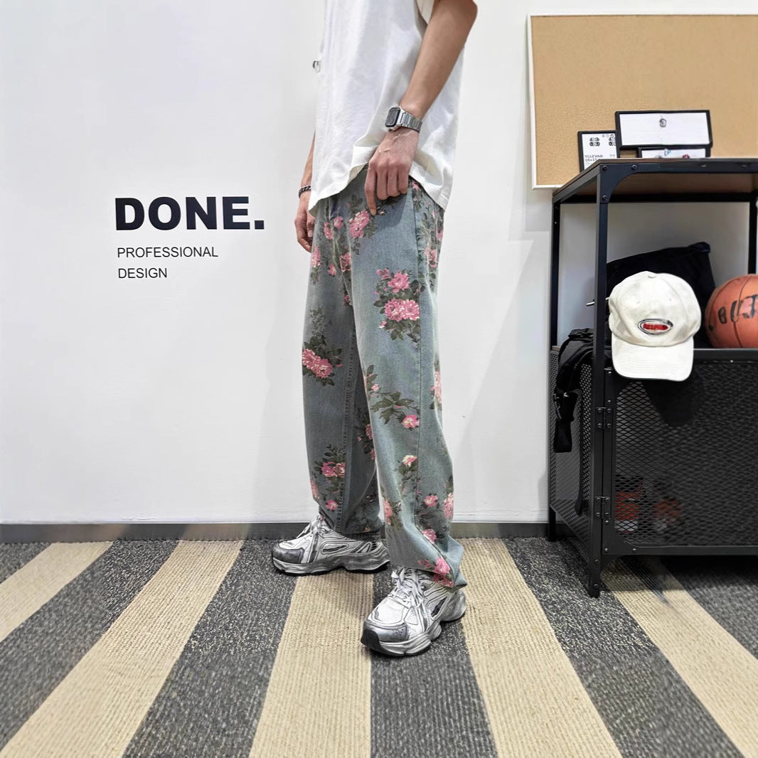 Damen Weitgeschnittene Blumen-Cargo-Jeans Drune