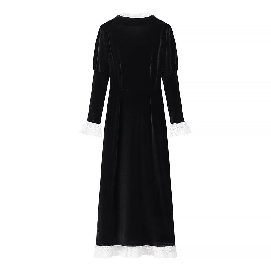 Damen nan viktorianisches Samt-Maxikleid mit Spitzenkragen, Puffärmeln und taillierter Empirenaht Drune