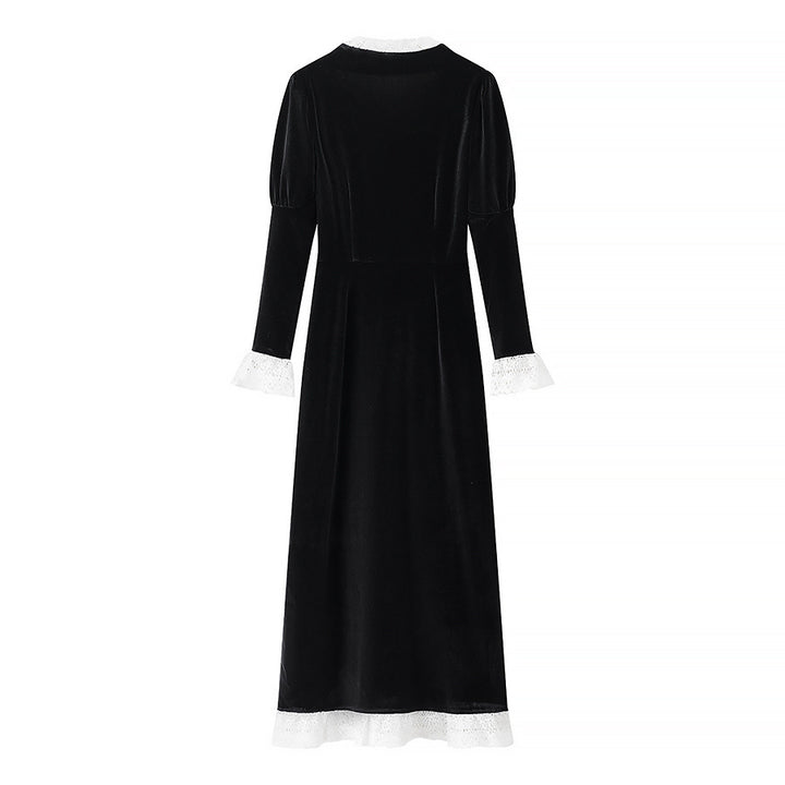 Damen nan viktorianisches Samt-Maxikleid mit Spitzenkragen, Puffärmeln und taillierter Empirenaht Drune