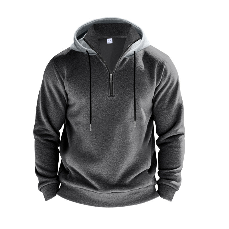 Herren nan sportives Kapuzen-Sweatshirt mit kurzem Frontreißverschluss, kontrastgefütterter Kapuze und elastischen Rippbündchen Drune