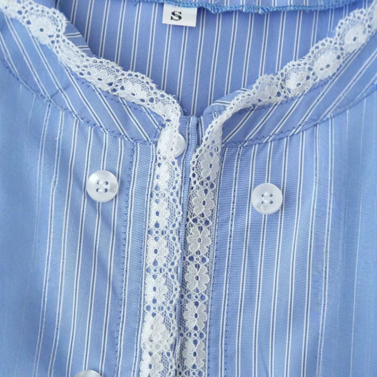 Damen Gestreifte Hemdbluse mit Stehkragen und Tunnelzug Drune