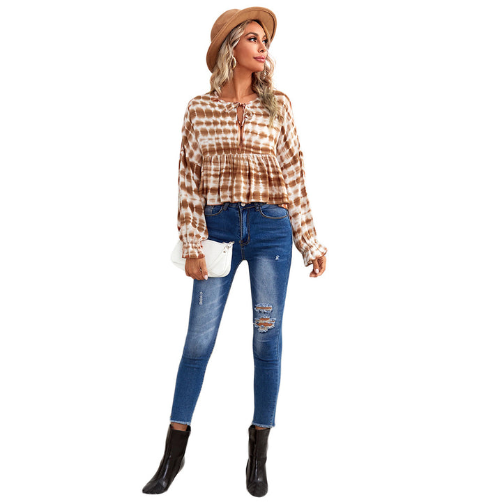 Damen luftiges Peplum-Blusenshirt mit Batikmuster, Kordel‑Neckline und gerafften Ärmeln Drune