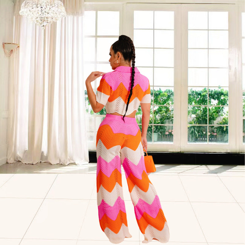 Damen Set aus gehäkeltem Crop-Top und weitem Palazzo-Hosen Drune