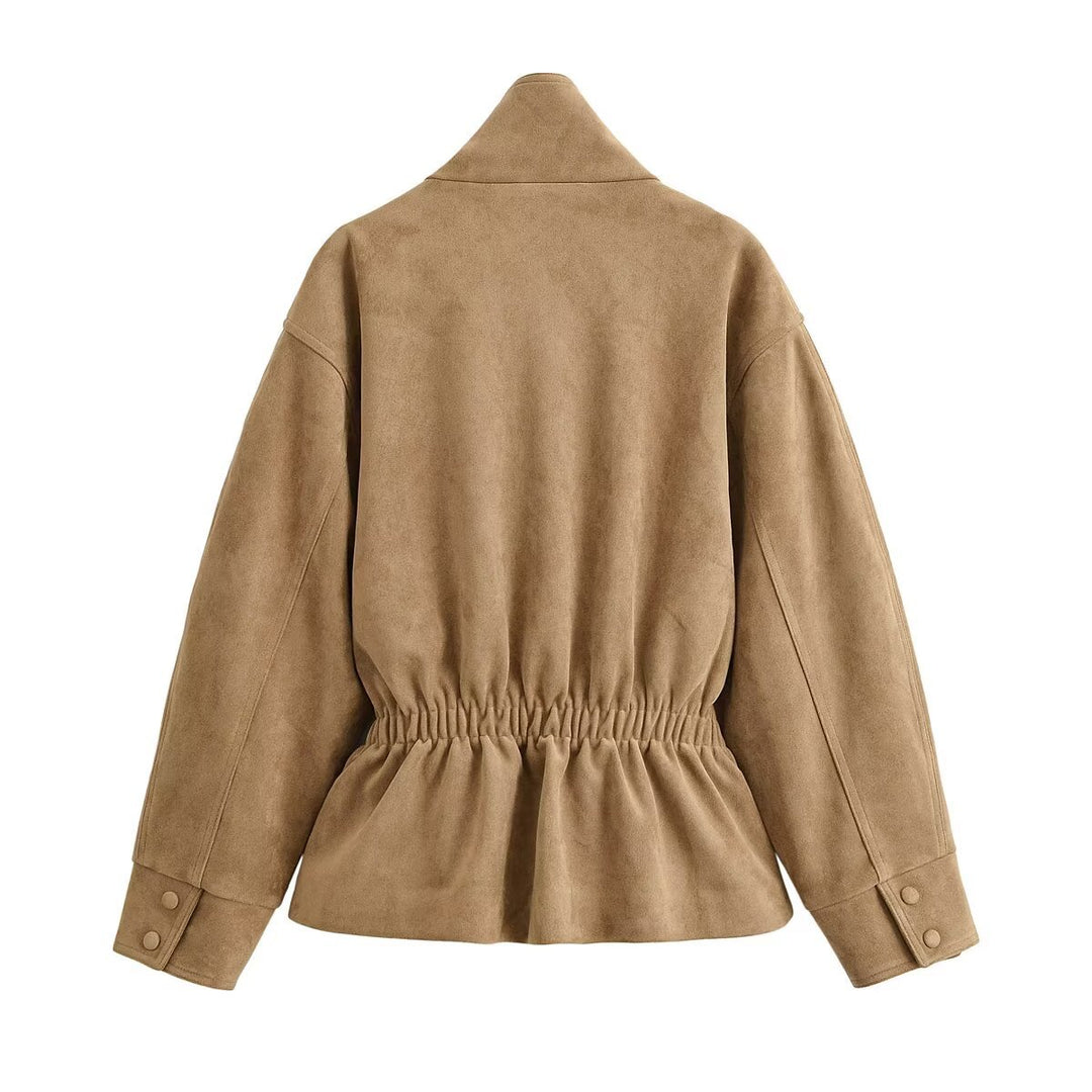 Damen Kurzjacke in Wildleder-Optik mit Stehkragen und Bindegürtel Drune