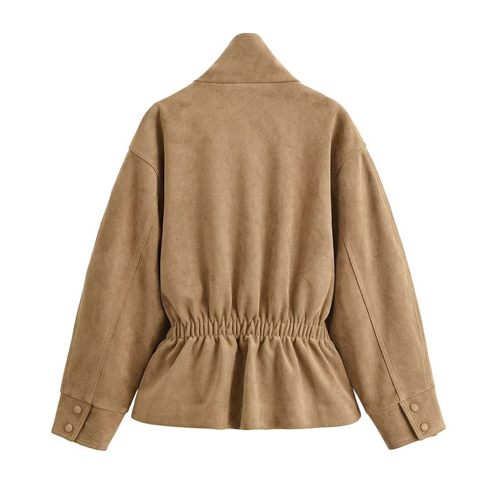 Damen Kurzjacke in Wildleder-Optik mit Stehkragen und Bindegürtel Drune