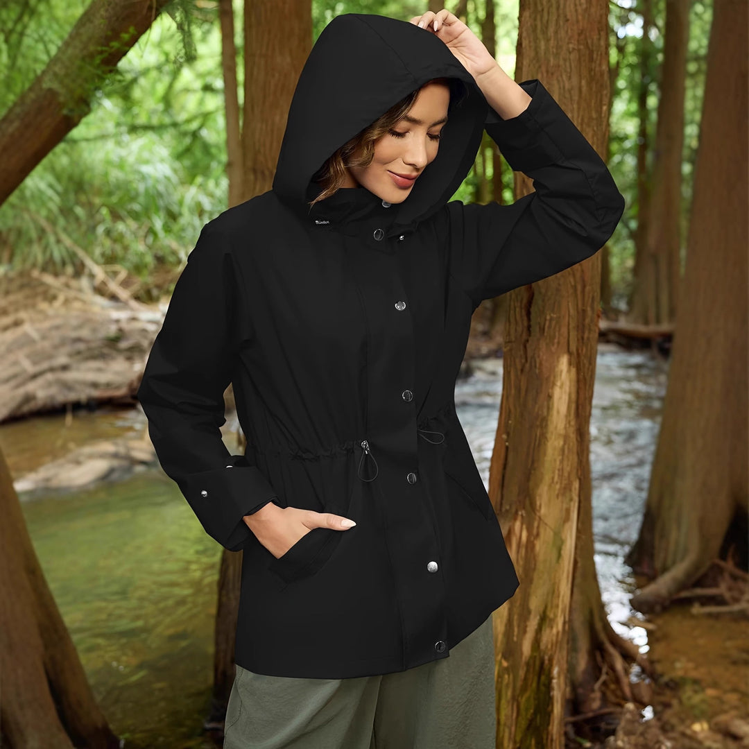 Damen funktionale Übergangsjacke mit verstellbarem Bund und Kapuze Drune