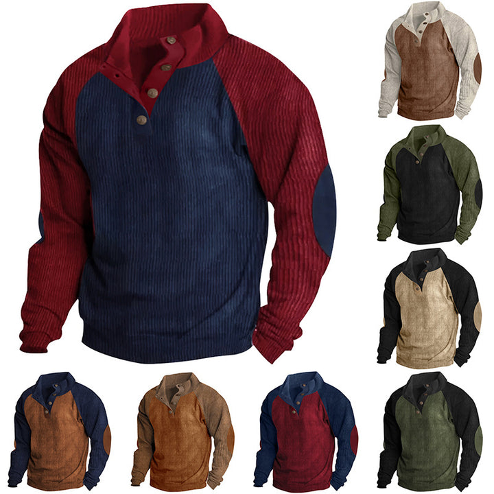 Herren Strukturiertes Raglan-Henley-Pullover mit Stehkragen, Ellenbogenpatches & Knopfleiste Drune